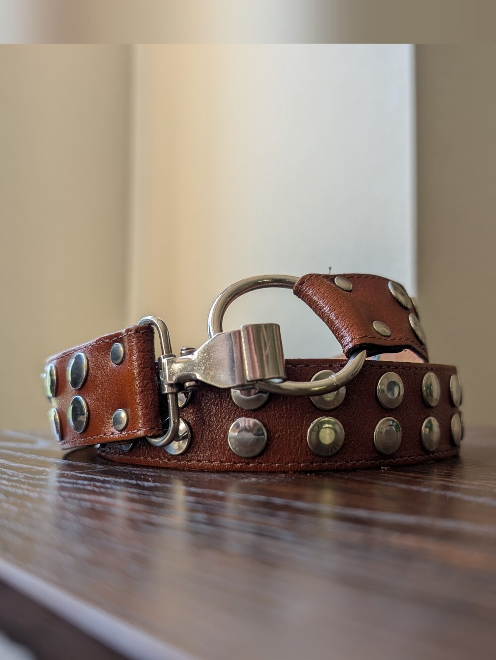 Vintage Brown Leather Silver Metal Studded O Ring Flat Hook Closure Belt